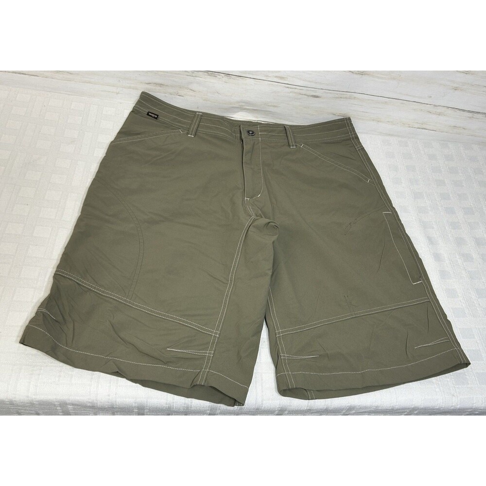 Kuhl Hiking Long Stretch Shorts Outdoor Green Brown Zip Pockets Men's Size 36